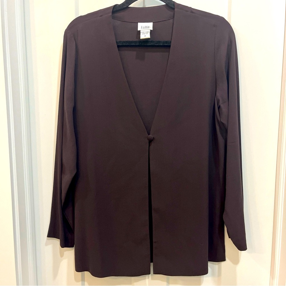 Eileen Fisher One Button Open‎ Blouse 100% Silk Purple Size M Long Sleeve EUC